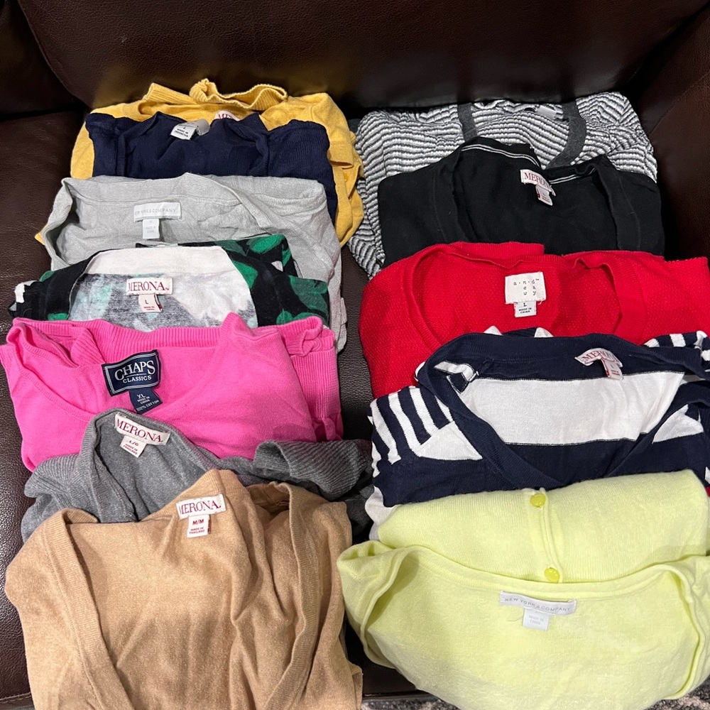 12 Ladies Cardigan sweaters in medium/large! Great for the office!